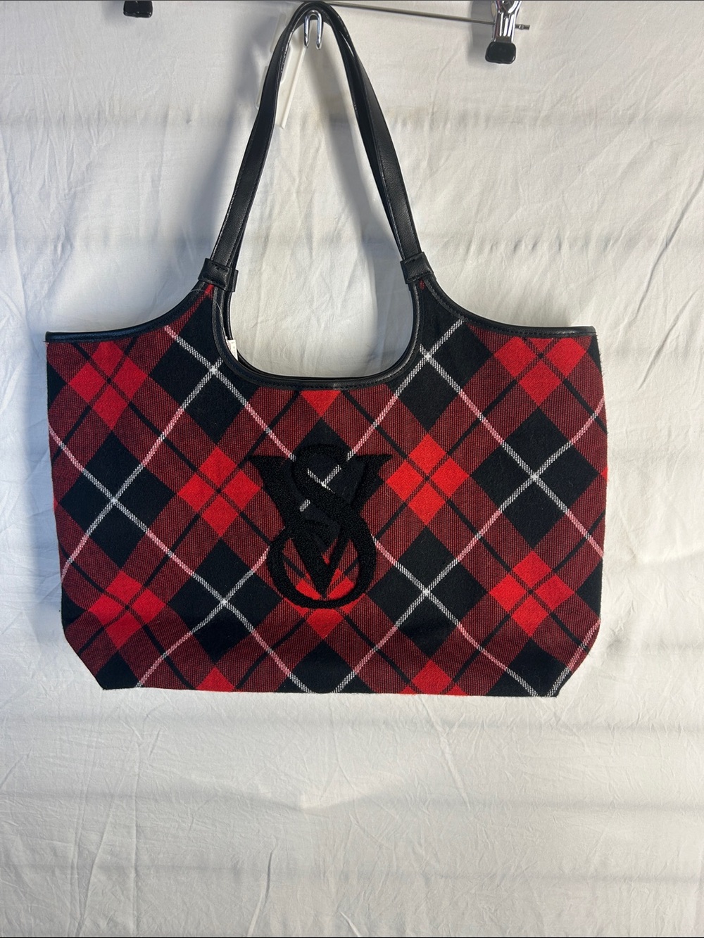Victoria's Secret Red & Black Plaid Tote with Embroidered Logo
